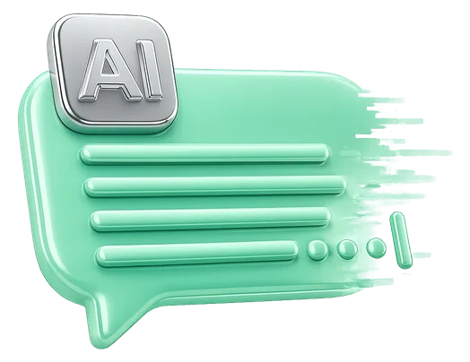 A mint-green chat bubble carrying an AI badge and four lines of reply. The last line stops short and the right-hand edge of the bubble breaks up into scattered pixels, so the reply dissolves in mid-air instead of reaching its end.